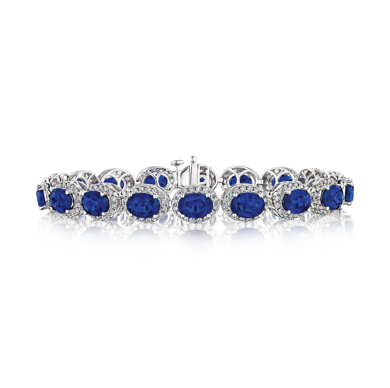 Sabel Collection White Gold Oval Blue Sapphire Bracelet with Diamond Halos